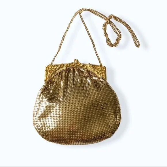 Whiting & Davis Bag 70s Gold Mesh Kiss Snap Evening Bag Crossbody Strap Purse - Picture 1 of 13